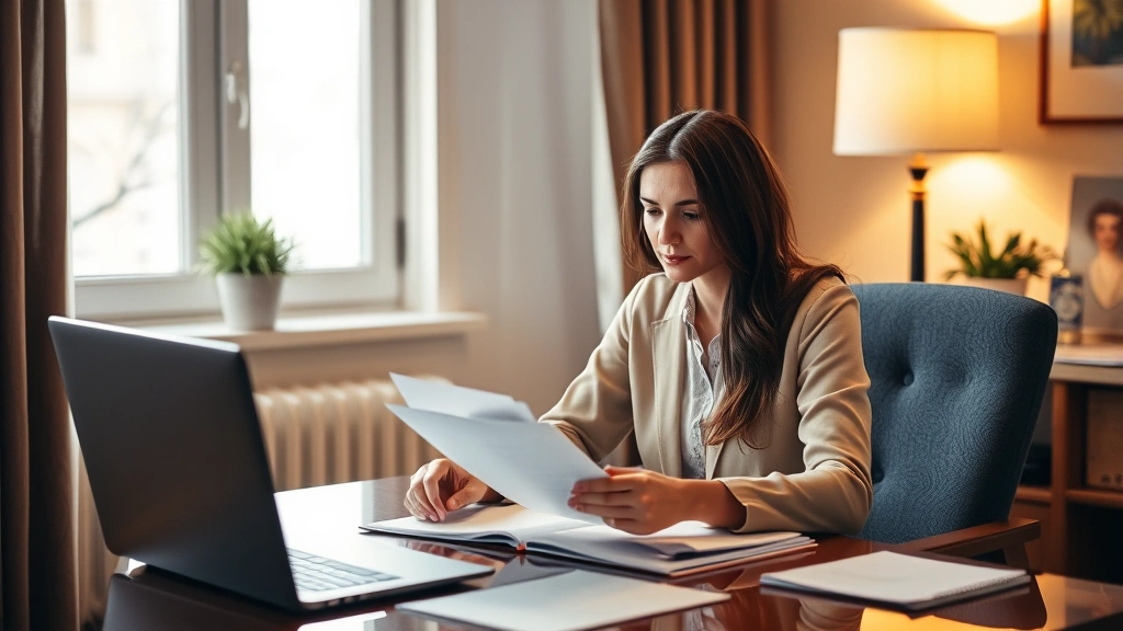 Licensed therapist sitting in comfortable office with warm lighting reviewing documents on desk