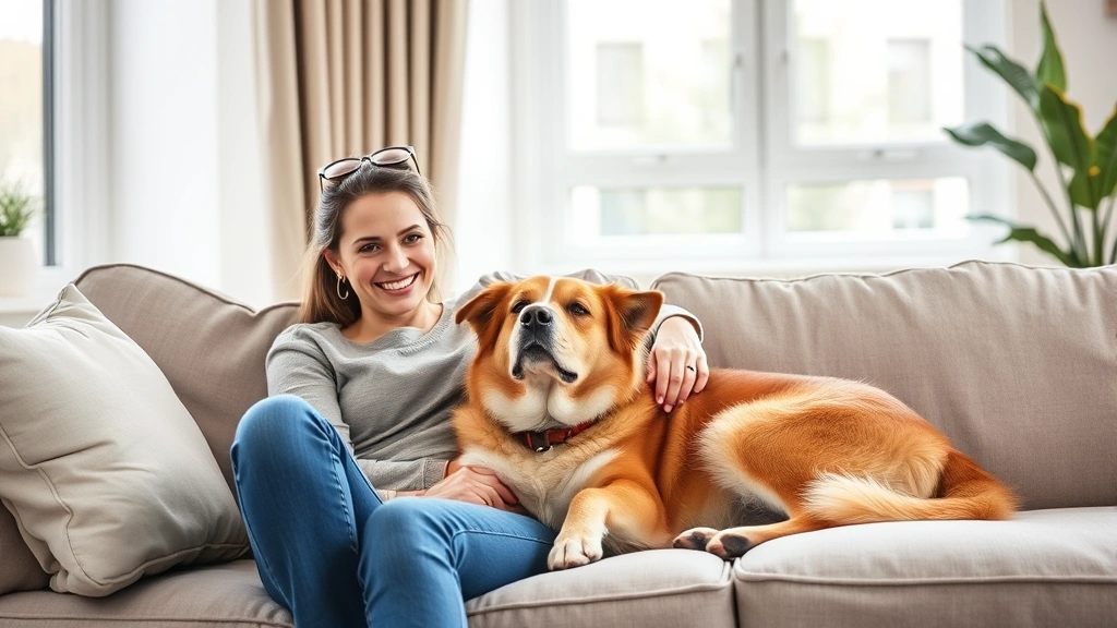 Smiling woman with emotional support dog resting together on modern apartment couch near window