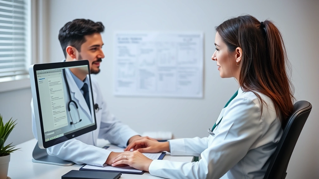 Professional healthcare provider at desk with computer verifying credentials and documents with professional demeanor