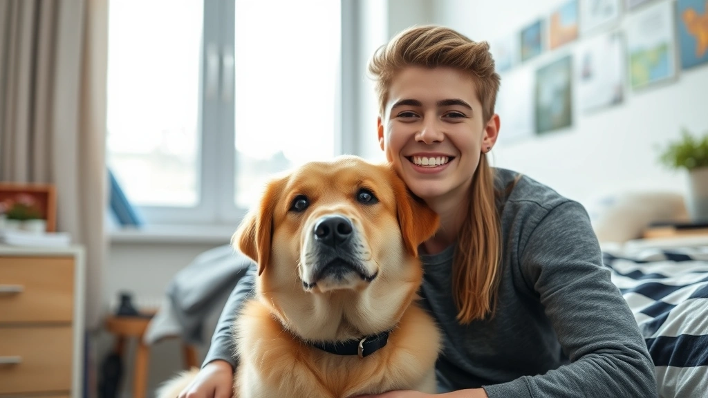 Young college student smiling with calm emotional support dog in dorm room, natural window lighting, peaceful atmosphere