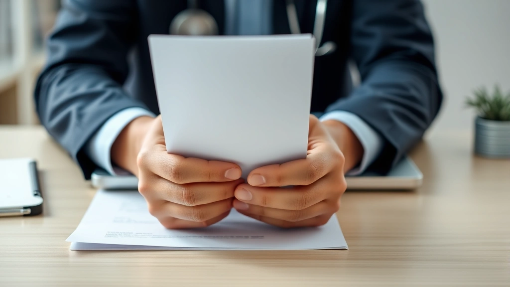 Close-up of hands holding official letter document on desk with laptop, professional healthcare setting, soft focus backgroun