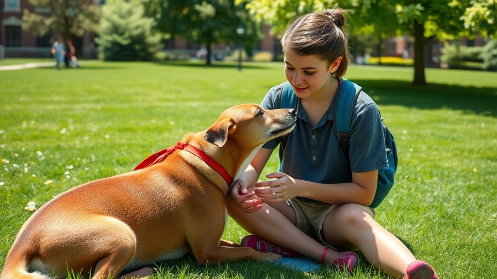 Student and ESA animal bonding together on college campus grass, sunny day, therapeutic emotional connection visible
