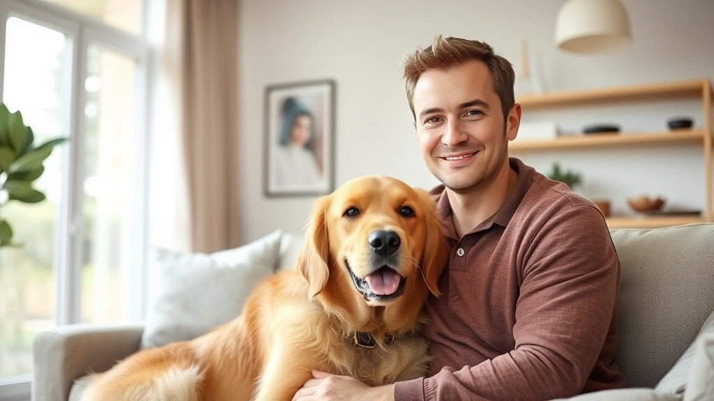 Person with calm expression sitting with golden retriever in modern living room, natural window light, peaceful atmosphere