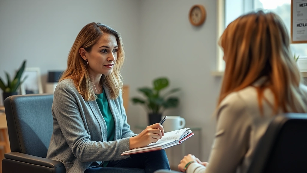 Professional female therapist in office taking notes during patient consultation, warm lighting, medical credentials visible
