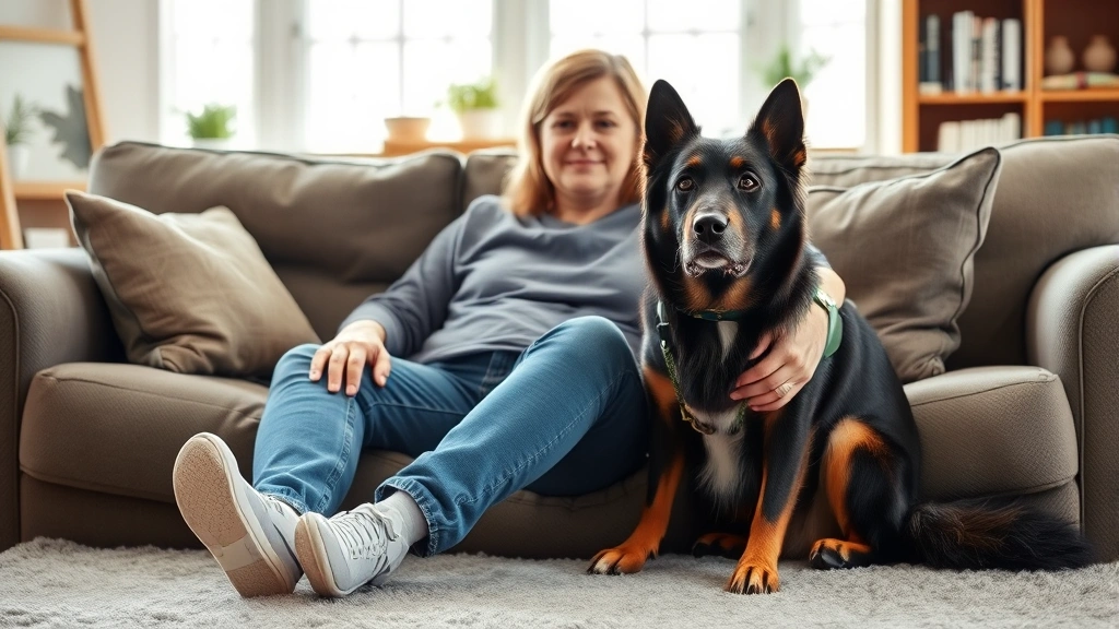 A person sitting comfortably on a couch with their emotional support dog beside them, both looking calm and peaceful in a bri