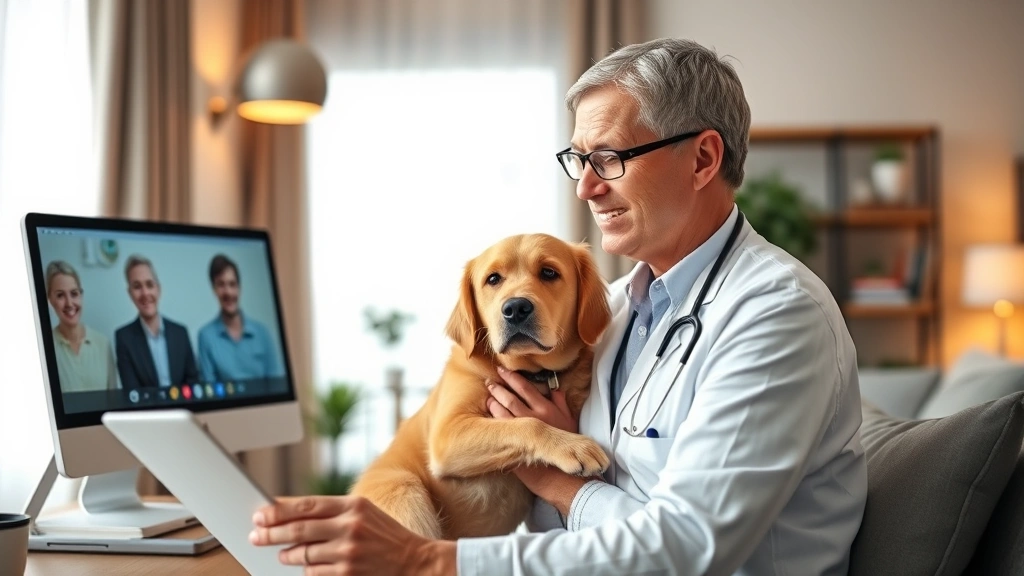 Professional healthcare provider conducting telehealth consultation with patient holding emotional support dog, warm lighting
