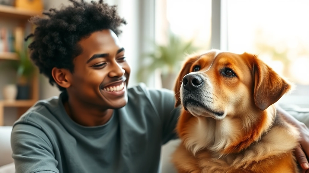 Diverse person smiling with calm emotional support animal indoors, natural window light, comfortable living room environment,