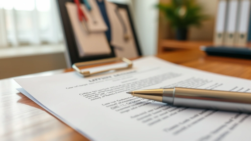 Close-up of official letterhead document with pen on desk, professional office setting, medical credentials visible, warm neu