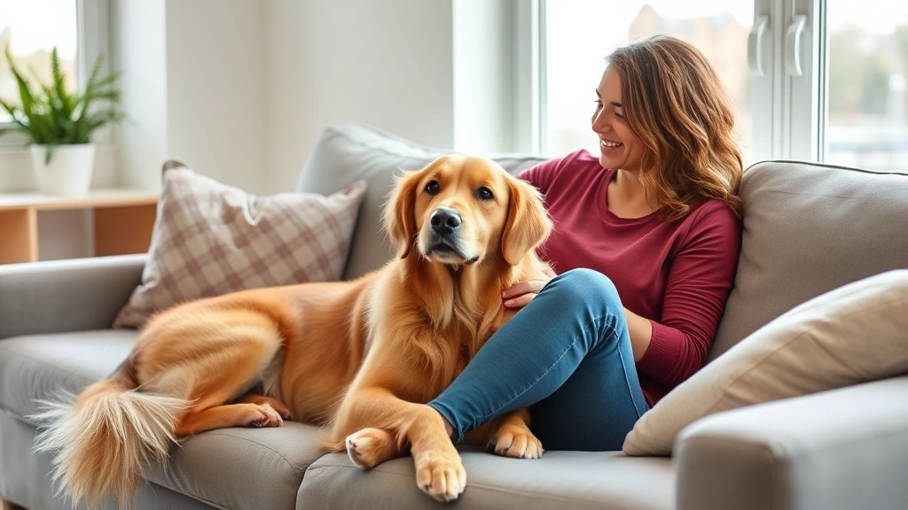 Woman sitting on apartment couch with calm golden retriever beside her, natural daylight from window, peaceful home environme