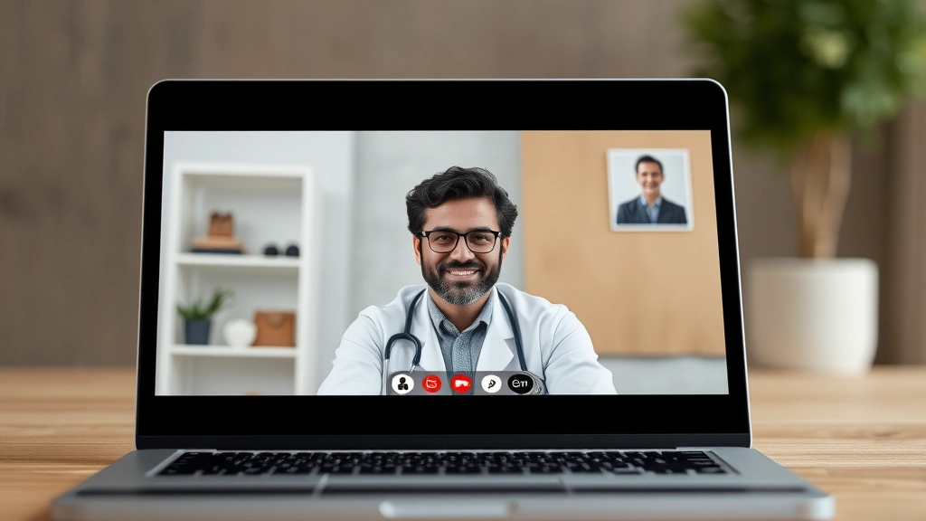 Video call consultation on laptop showing diverse male therapist in professional setting, calm neutral background, healthcare