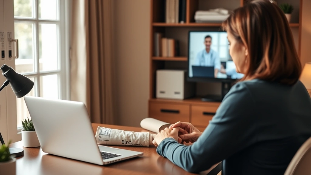 Woman sitting at desk with laptop during video call with healthcare provider, home office setting, warm lighting, professiona