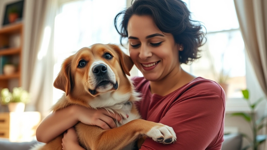 Person holding emotional support dog indoors, both appearing calm and content, natural daylight from window, peaceful home en