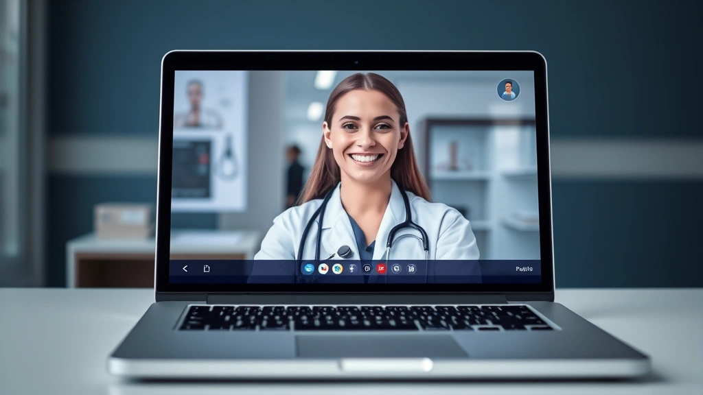 Laptop screen showing secure video call interface with healthcare provider, telehealth platform, professional medical setting