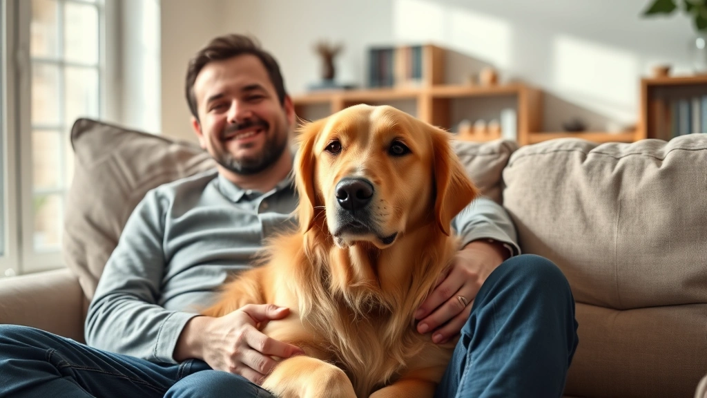 Person sitting on couch with golden retriever, relaxed and peaceful expression, natural living room lighting, emotional comfo