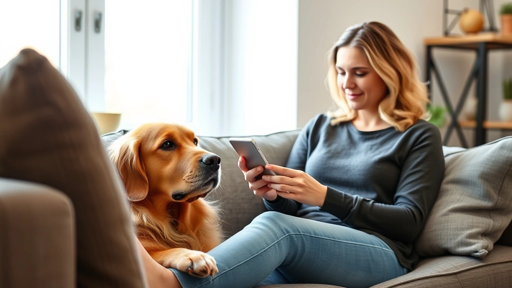 Woman sitting on couch with calm golden retriever, holding smartphone during virtual therapy session, natural daylight from w