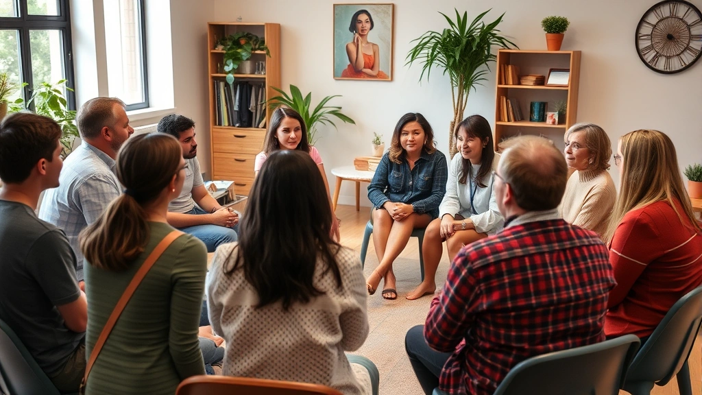 Diverse group of people in circle during supportive mental health group session, licensed counselor facilitating, warm commun