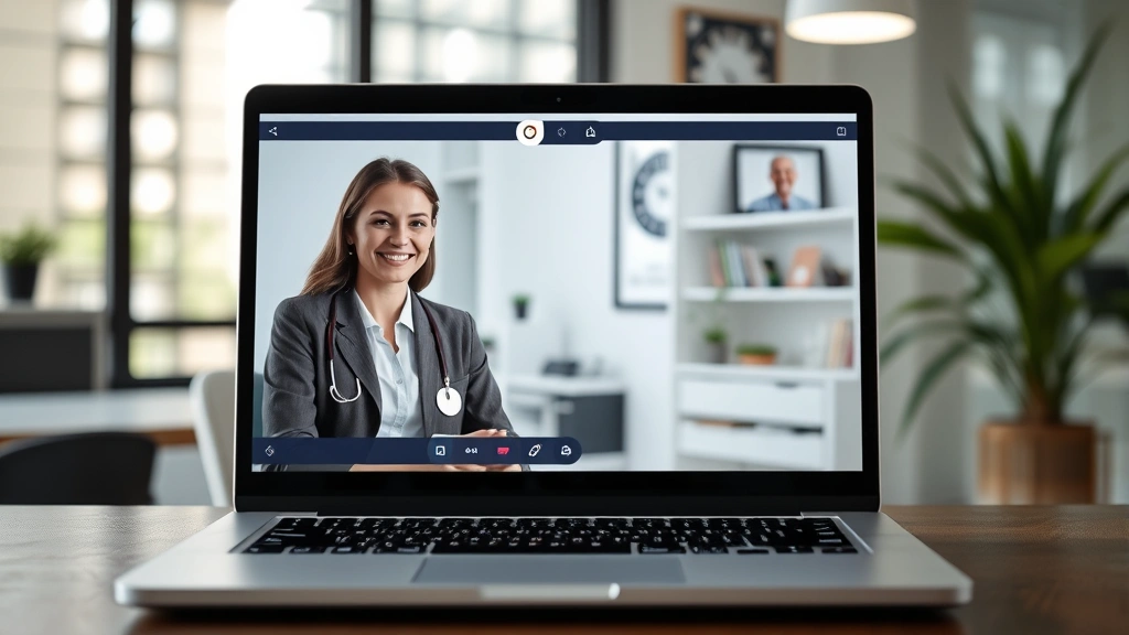 Laptop screen showing telehealth video consultation with licensed therapist, patient visible on other end, professional offic