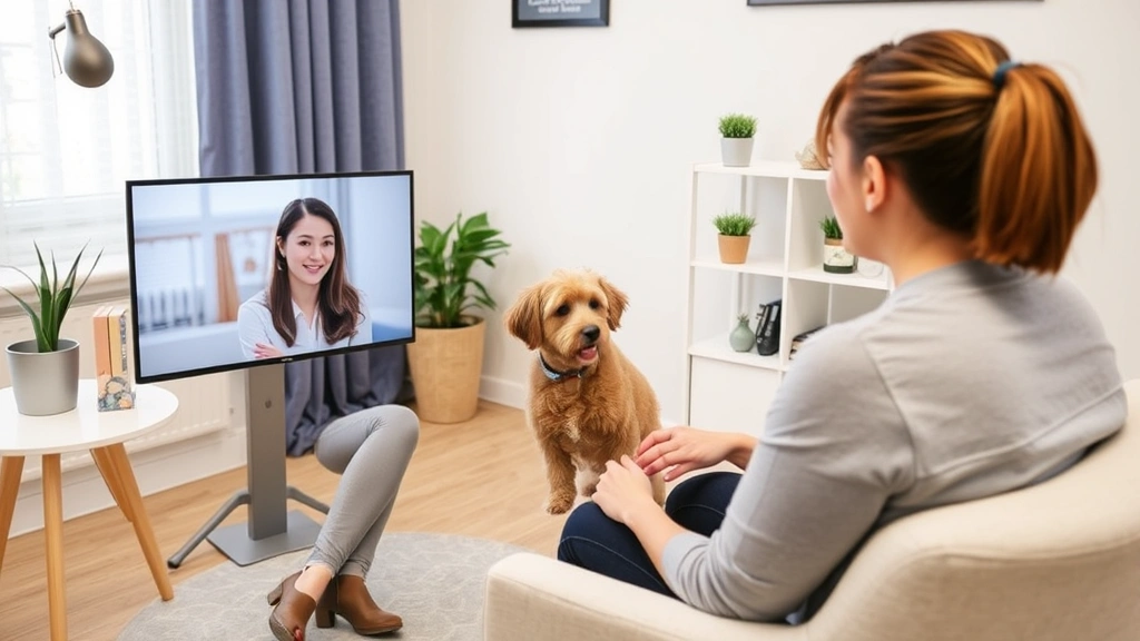 Licensed therapist in professional office conducting video consultation with patient discussing emotional support animal acco