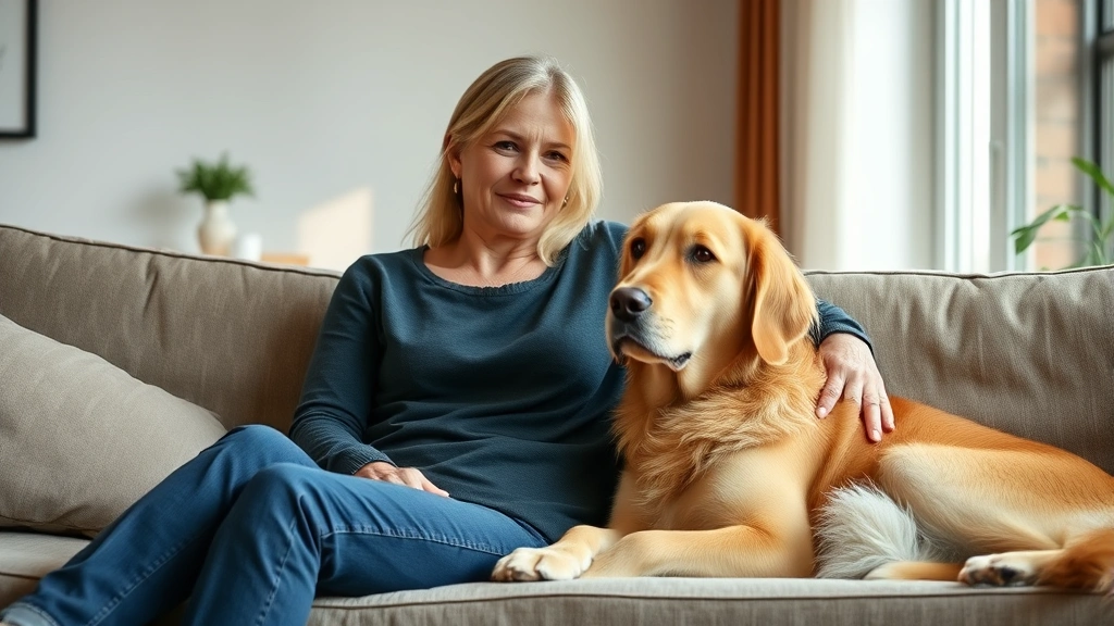 Calm woman sitting with golden retriever on comfortable couch, natural window light, peaceful living room setting, both appea