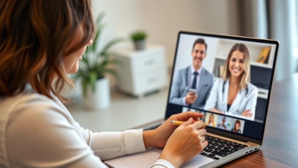 Licensed therapist taking notes during video consultation on laptop, professional office background, warm neutral tones, comp