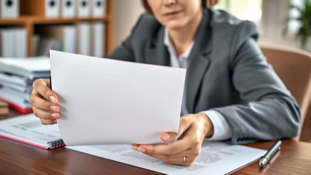 Person holding official letter document with relief expression, sitting at desk with pen, warm indoor lighting, documents org