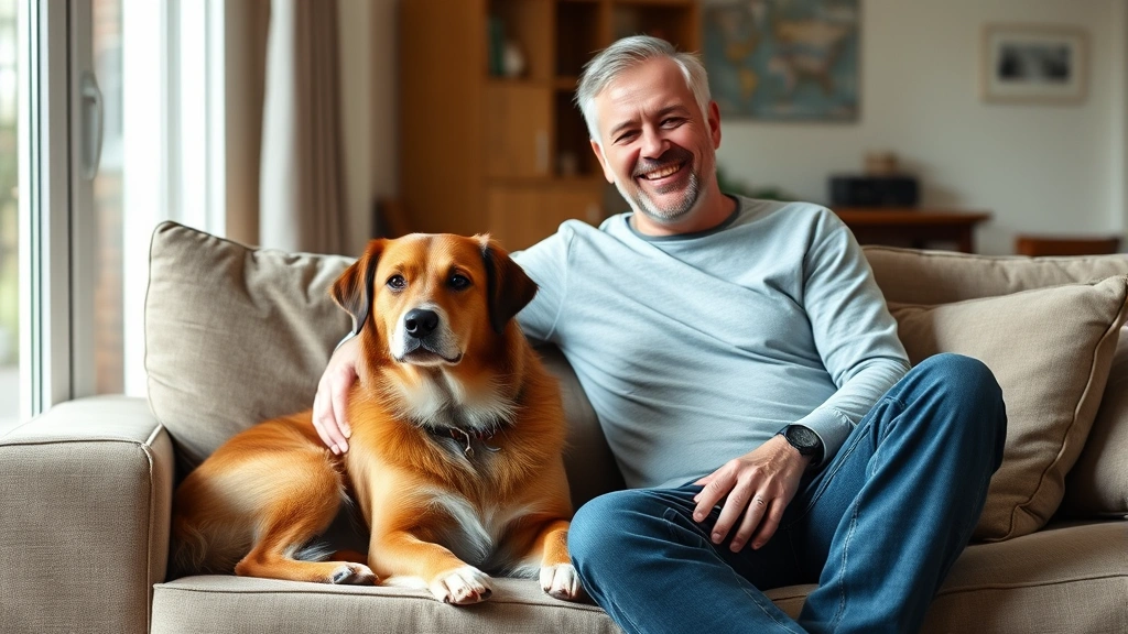 Person sitting on couch with calm dog beside them, natural light, peaceful expression, living room setting