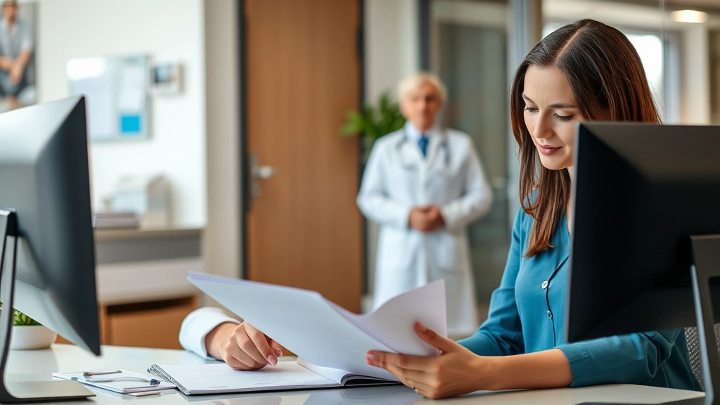 Woman at desk reviewing documents with healthcare provider visible in background, professional office environment, supportive