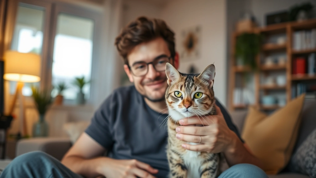 Diverse individual with cat in apartment, warm lighting, comfortable home interior, relaxed and content