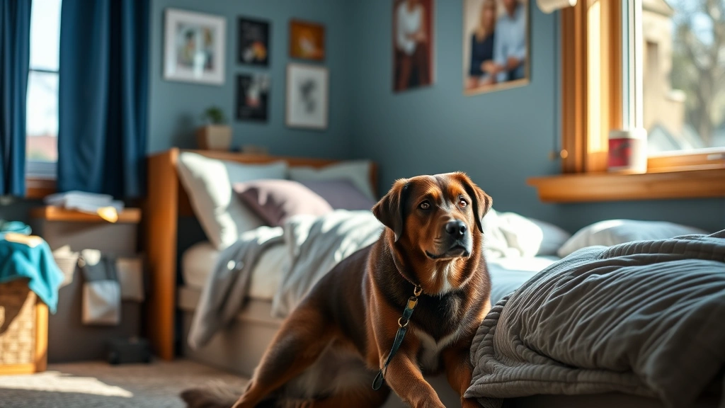 Young college student sitting peacefully in dorm room with calm emotional support dog beside them, natural lighting from wind