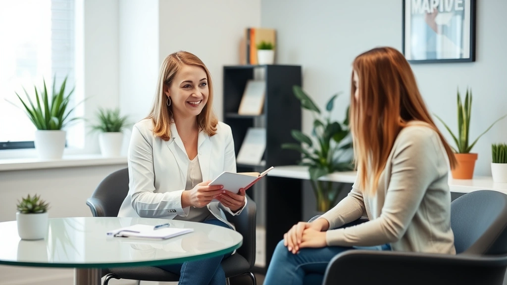 Licensed therapist in professional office taking notes during consultation session with student client, welcoming clinical en