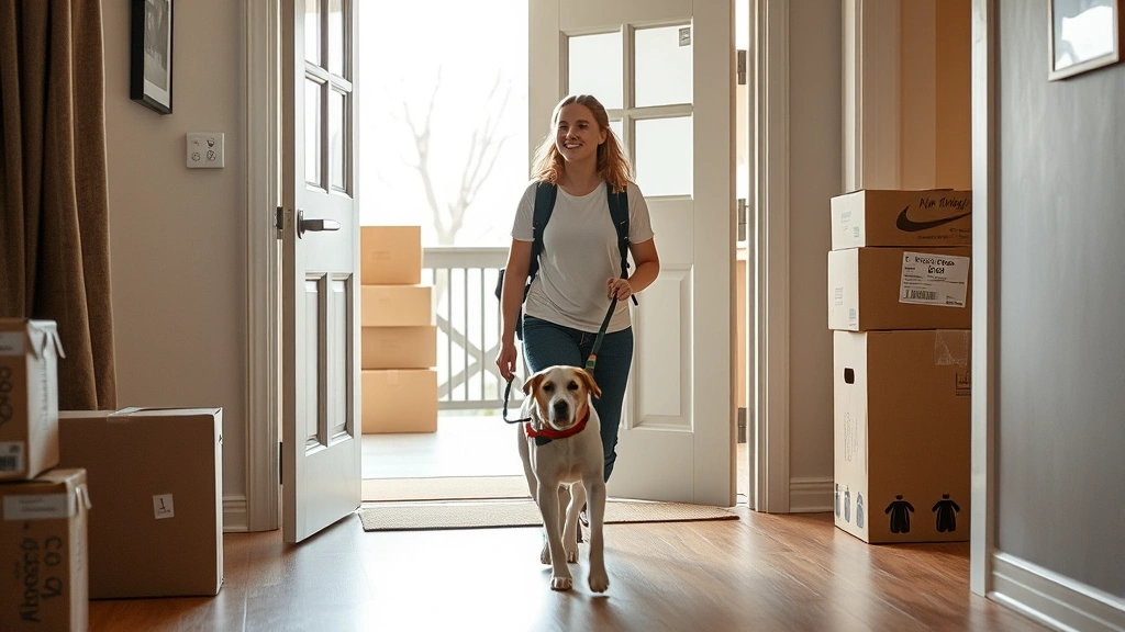 Student with emotional support animal moving into apartment near campus, animal on leash walking through doorway, boxes and m