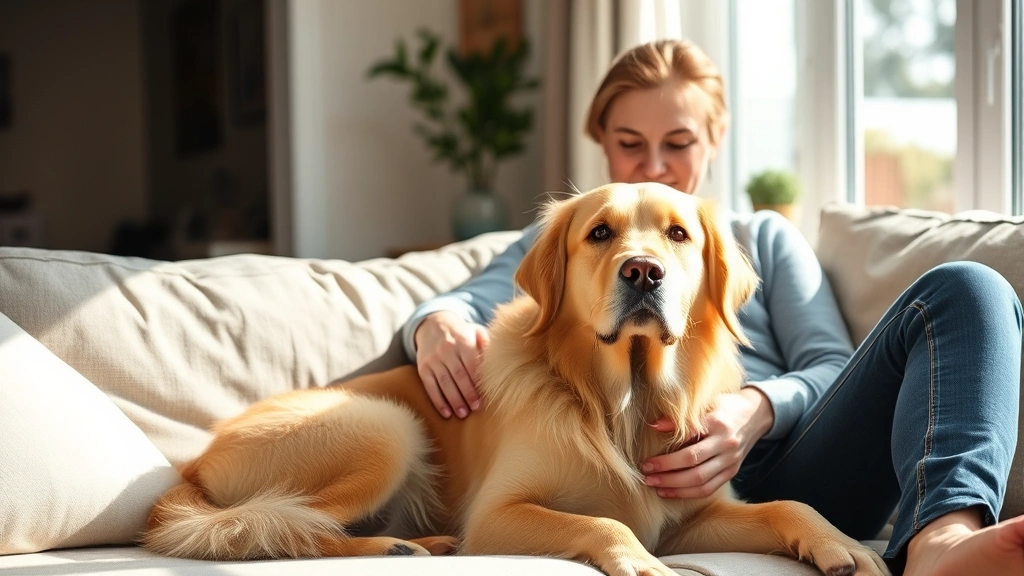 Person sitting on couch with calm golden retriever dog, natural sunlight, peaceful home interior, emotional support