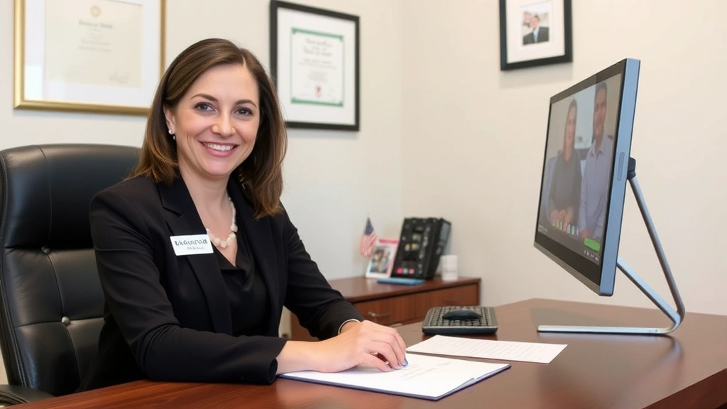 Licensed therapist at desk with certificate on wall, professional office setting, telehealth video call setup, trust and cred