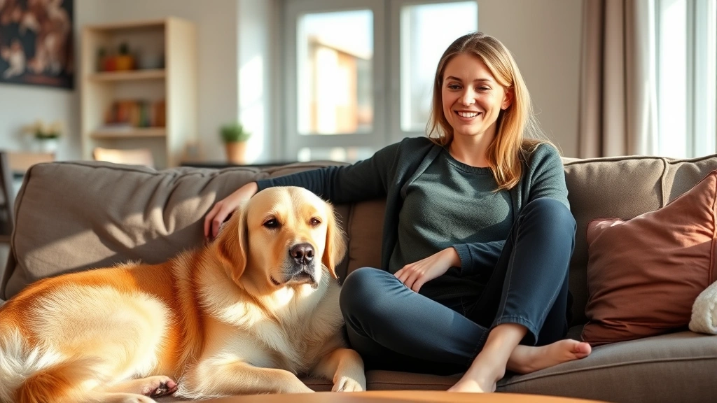 Woman sitting on apartment couch with calm golden retriever beside her, natural light from window, peaceful expression, livin