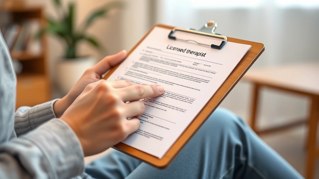 Close-up of licensed therapist's hands holding clipboard with ESA documentation, professional office environment, warm lighti