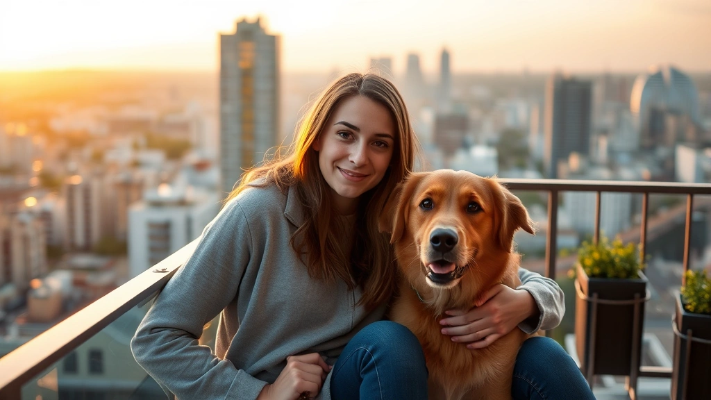Young person with emotional support dog at apartment balcony overlooking city, both looking peaceful and content, golden hour