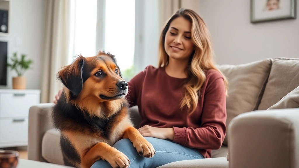 woman sitting peacefully with her dog in a bright apartment living room, natural window light, calm expression, cozy home set