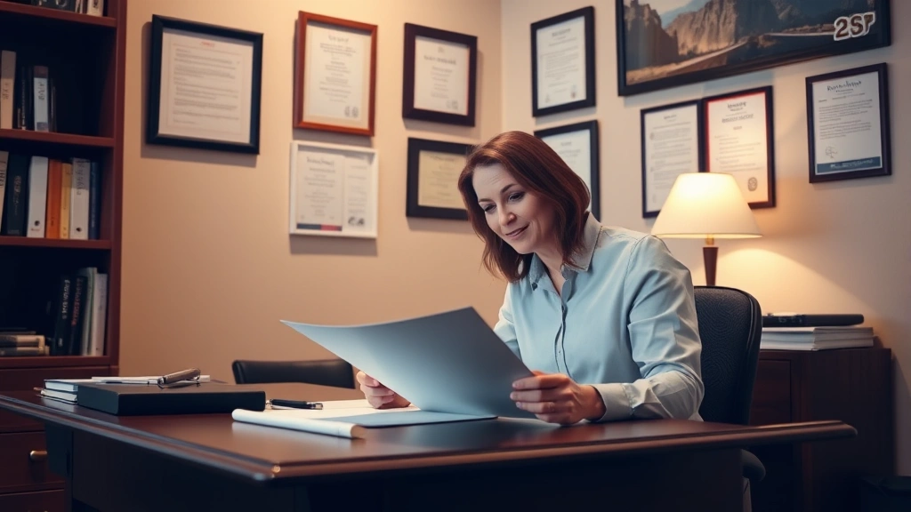 licensed therapist at desk reviewing documents with professional letterhead and credentials visible on wall, warm office envi