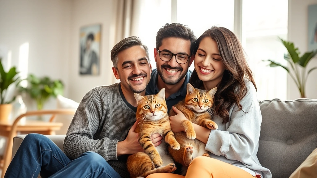 diverse couple with their emotional support cat in modern apartment, natural lighting, happy and relaxed atmosphere, housing
