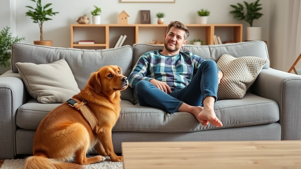 Person sitting relaxed on home couch with calm emotional support dog nearby providing comfort and companionship in living roo