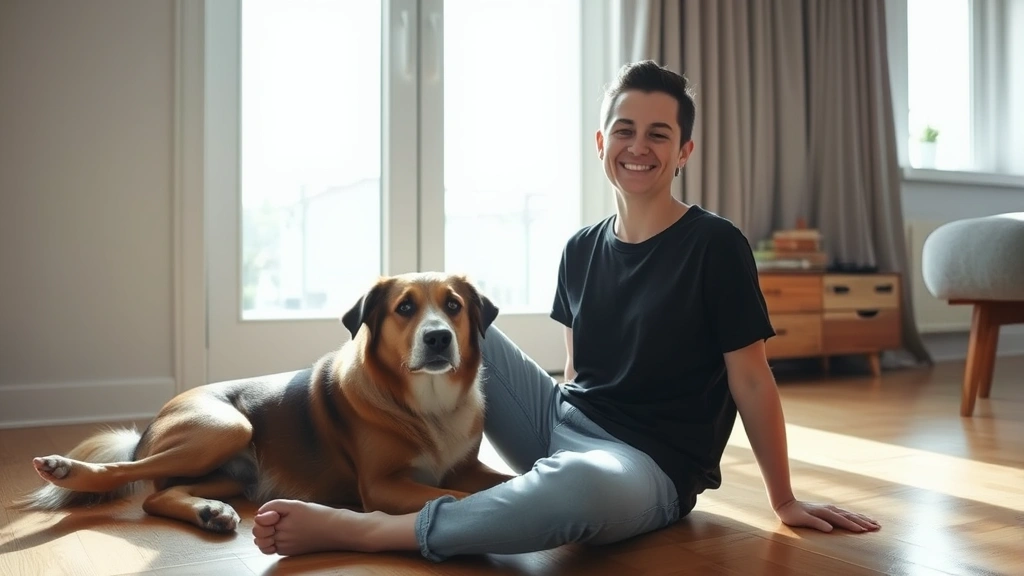 Person sitting on apartment floor with calm dog nearby, natural sunlight through window, peaceful expression