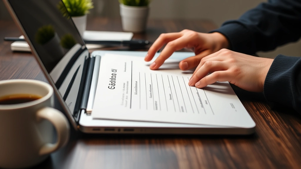 Close-up of hands completing online form on laptop with coffee cup on desk, professional workspace setting