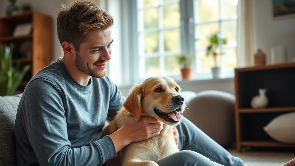 Young adult with emotional support animal indoors, natural lighting, comfortable home environment, genuine interaction betwee