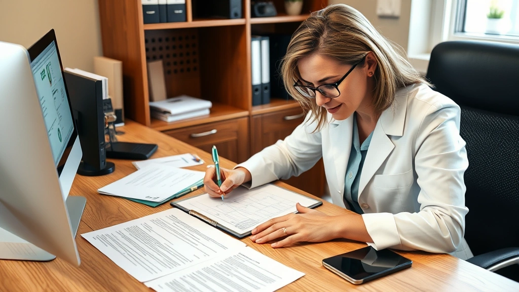 Licensed mental health professional writing ESA documentation at office desk with computer and paperwork