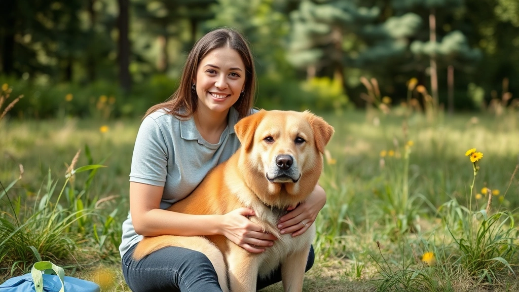 Person sitting peacefully with calm emotional support dog in natural outdoor setting surrounded by nature