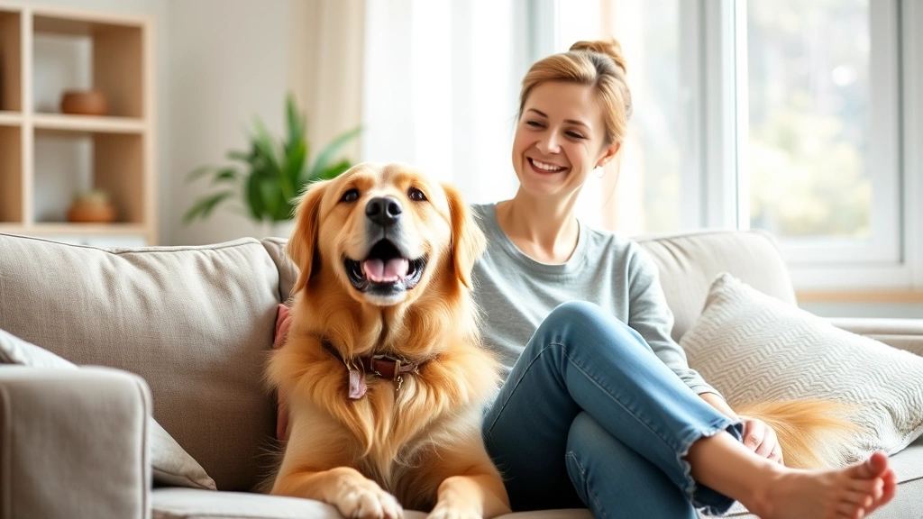 Woman sitting on couch with golden retriever dog, smiling peacefully, natural sunlight from window, cozy living room, mental