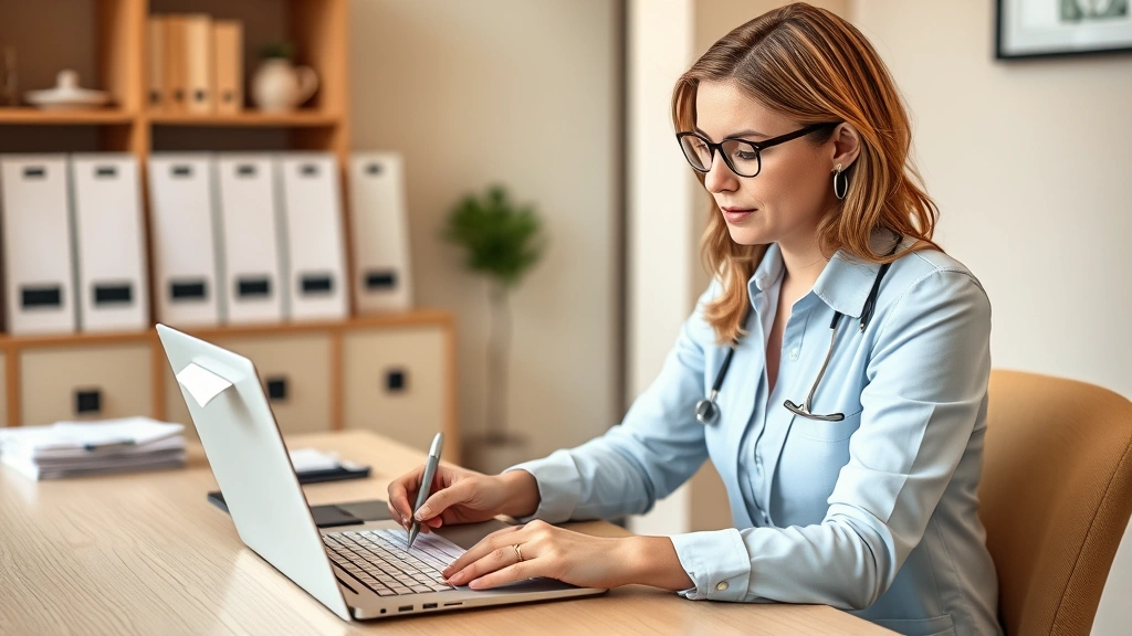 Licensed therapist at desk with laptop reviewing documents, professional office setting, clipboard with pen, warm neutral ton
