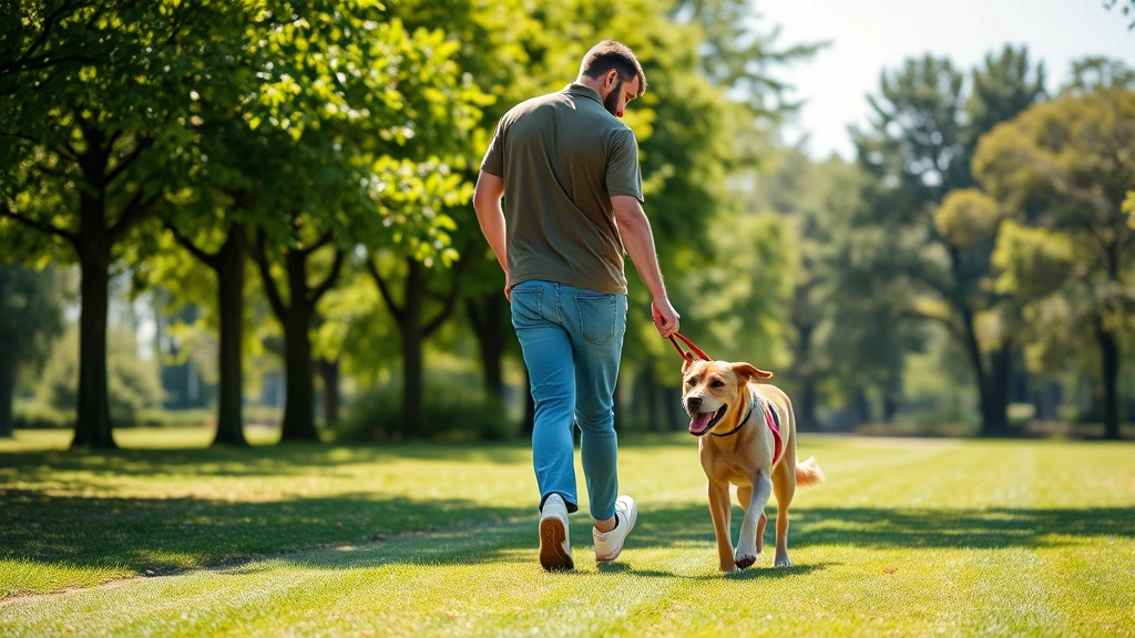 Person and dog walking together in park on sunny day, green trees, natural outdoor setting, emotional support connection, hea