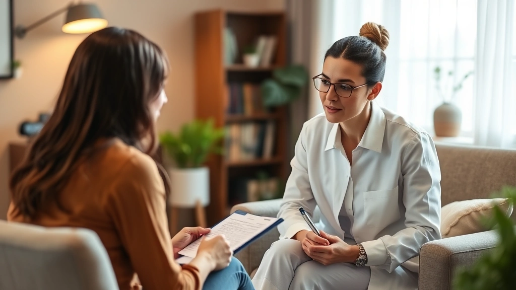Licensed therapist taking notes during patient consultation in modern office setting with warm lighting and comfortable seati
