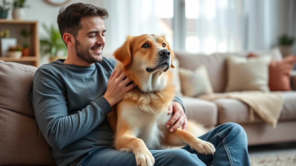 Person sitting peacefully with calm emotional support dog in cozy living room environment showing comfort and companionship